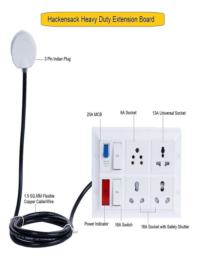 Hackensack Extension Board -Two 16A + 1(13A) Universal +1(6A) Socket Switch (16A) 25A MCB with Power Indicator (ABS) 5M Long 1.5 SQ.MM x 3 Core Heavy Duty Wire Cable with (15 Amp) 3 Pin Plug (White) - Image 3